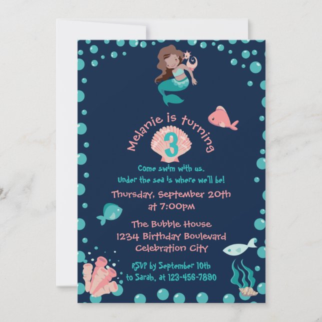 Invitación Latina Mermaid con caballito de mar | 3.ᵉʳ Fiesta  (Anverso)