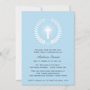 Invitación Laurel, Cross, Blue, Primera Comunión