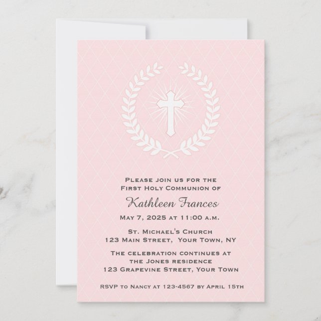 Invitación Laurel, cruz, rosa, primera comunión (Anverso)