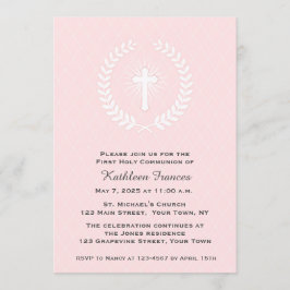 Invitación Laurel, cruz, rosa, primera comunión