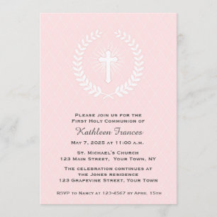Invitación Laurel, cruz, rosa, primera comunión