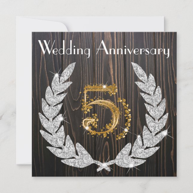 Invitación Laurel de Diamantes y Oro 5 Aniversario Boda Inv (Anverso)
