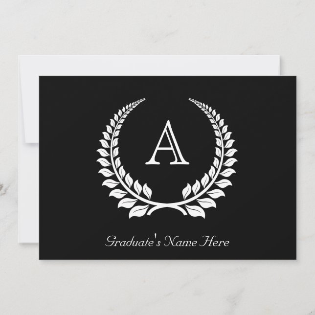 Invitación Laurel de monograma formal negro/blanco (Anverso)