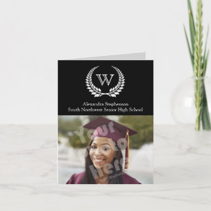 Invitación Laurel de monograma negro/blanco