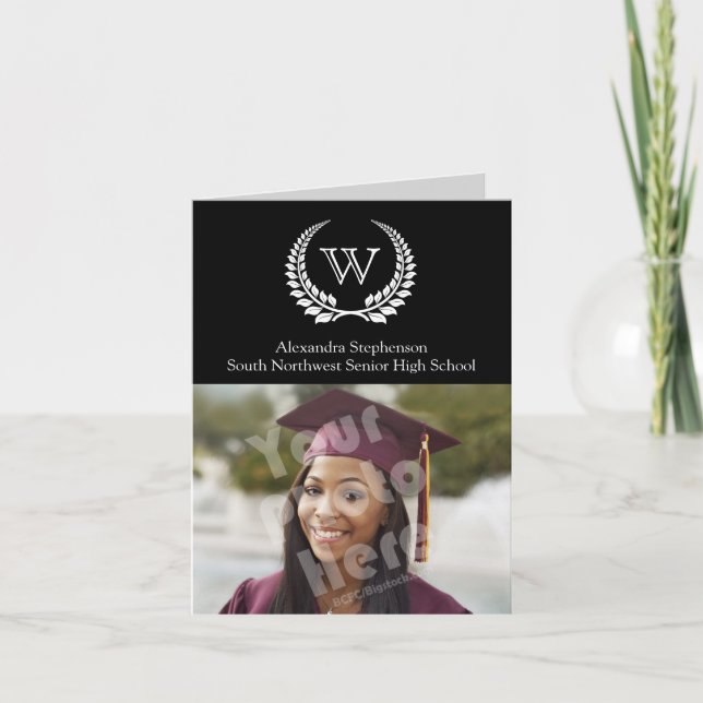 Invitación Laurel de monograma negro/blanco (Anverso)