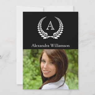 Invitación Laurel de monograma negro/blanco