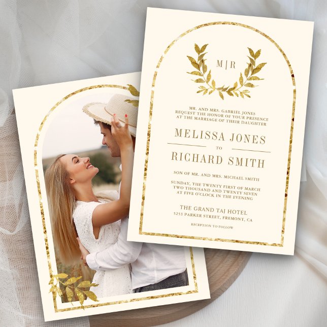 Invitación Laurel de oro deja a crema Boda (Subido por el creador)