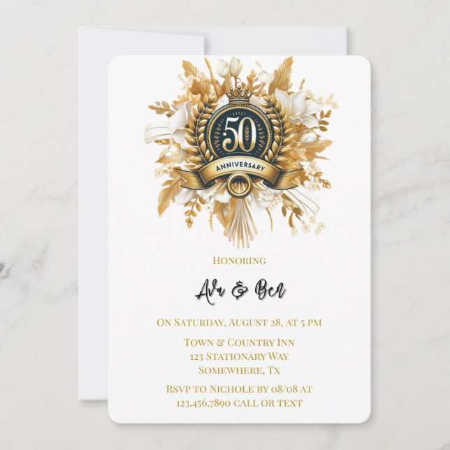 Invitación Laurel floral blanco y dorado 50 años (Anverso)