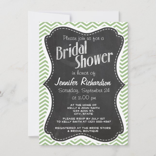 Invitación Laurel Green Chevron Stripes; Chalkboard look (Anverso)