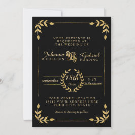 Invitación Laurel Leaf Typografía moderna Boda de oro negro