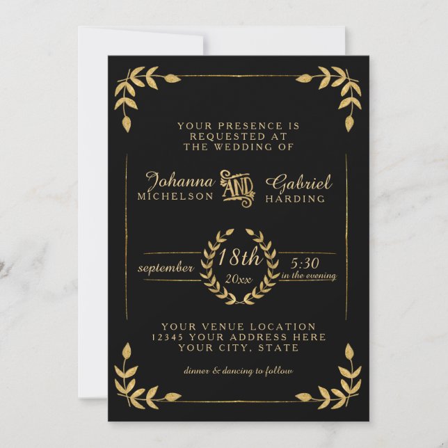 Invitación Laurel Leaf Typografía moderna Boda de oro negro (Anverso)