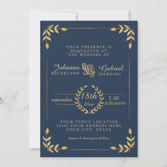 Invitación Laurel Leaf Typography Navy Boda moderno Gold (Anverso)