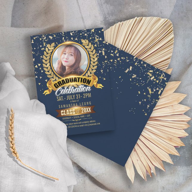 Invitación Laurel Wreath Graduation Foto Navy/Gold ID833 (Subido por el creador)