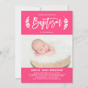 Invitación Laurel Wreath Hot Pink Photo Baptism