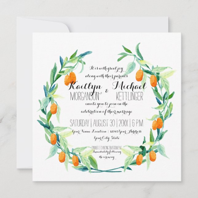 Invitación Laurel Wreath Kumquat Leaf Branch Moderno Square (Anverso)