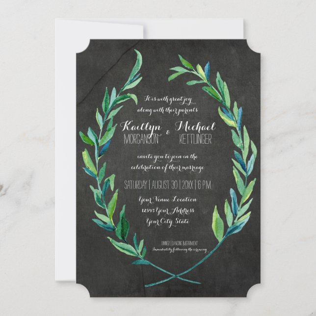 Invitación Laurel Wreath Olive Leaf Branch Chalkboard Moderno (Anverso)