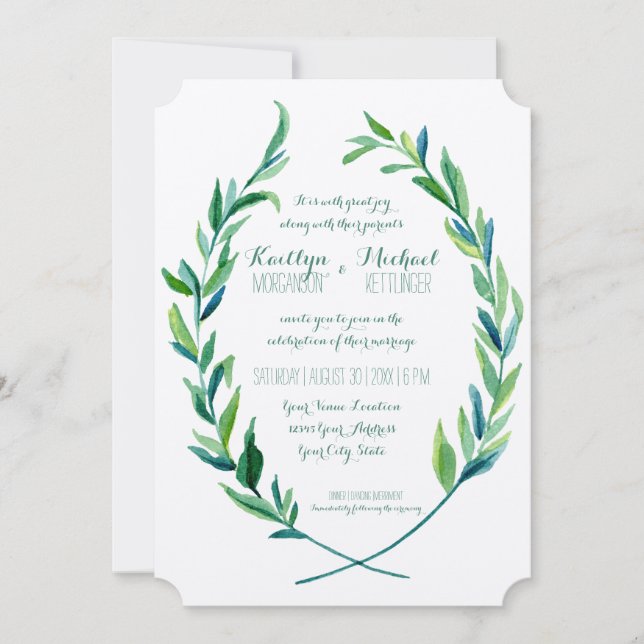 Invitación Laurel Wreath Olive Leaf Branch Moderno Simple (Anverso)