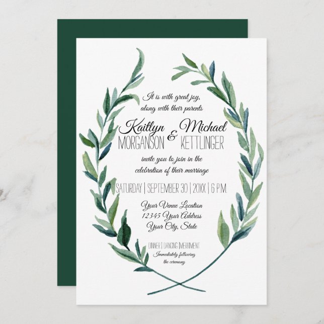 Invitación Laurel Wreath Olive Leaf Modern Emerald Green (Anverso / Reverso)