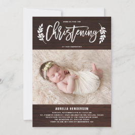 Invitación Laurel Wreath Rustic Wood Photo Christening