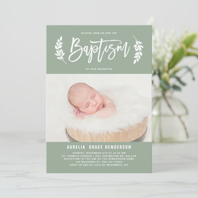 Invitación Laurel Wreath Sage Green Photo Baptism (Anverso de pie)