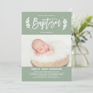 Invitación Laurel Wreath Sage Green Photo Baptism