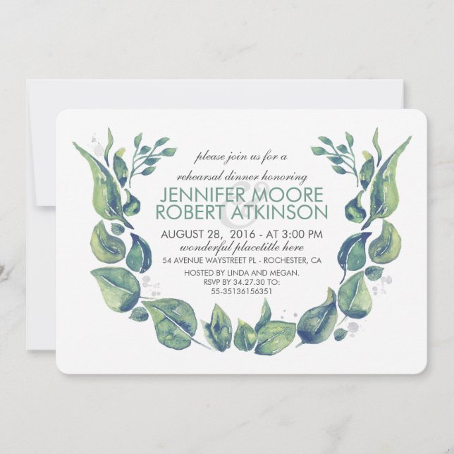 Invitación Laurel Wreath Watercolor Ensayo Cena (Anverso)