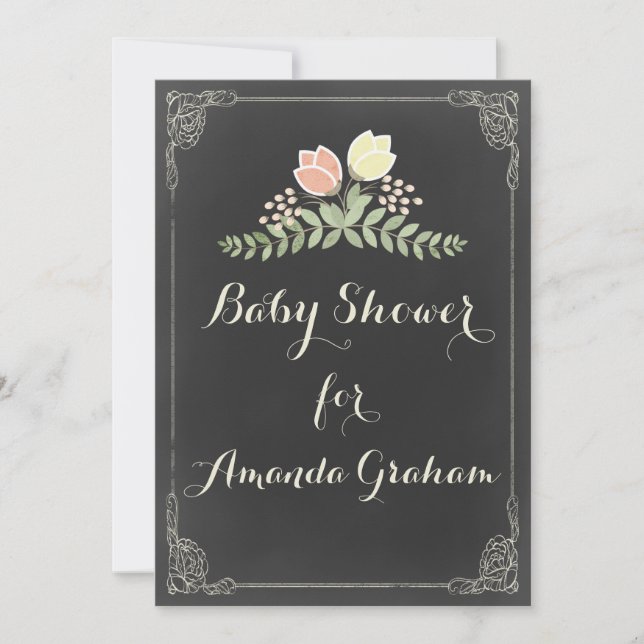 Invitación Laureles florales de época Chalkboard Baby Shower (Anverso)