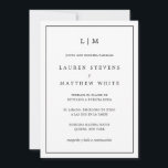 Invitación Lauren Black and White Elegant Boda Español<br><div class="desc">Sencilla invitación a bodas española con un diseño moderno y elegante con su monograma de dos letras en la parte superior y sus detalles rodeados de un delgado borde. Todo el texto está en negro, sobre un fondo blanco y el trasero es negro sólido. Las fuentes y los colores de...</div>