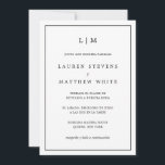 Invitación Lauren Black and White Elegant Boda Español<br><div class="desc">Sencilla invitación a bodas española con un diseño moderno y elegante con su monograma de dos letras en la parte superior y sus detalles rodeados de un delgado borde. Todo el texto está en negro, sobre un fondo blanco y el trasero es negro sólido. Las fuentes y los colores de...</div>