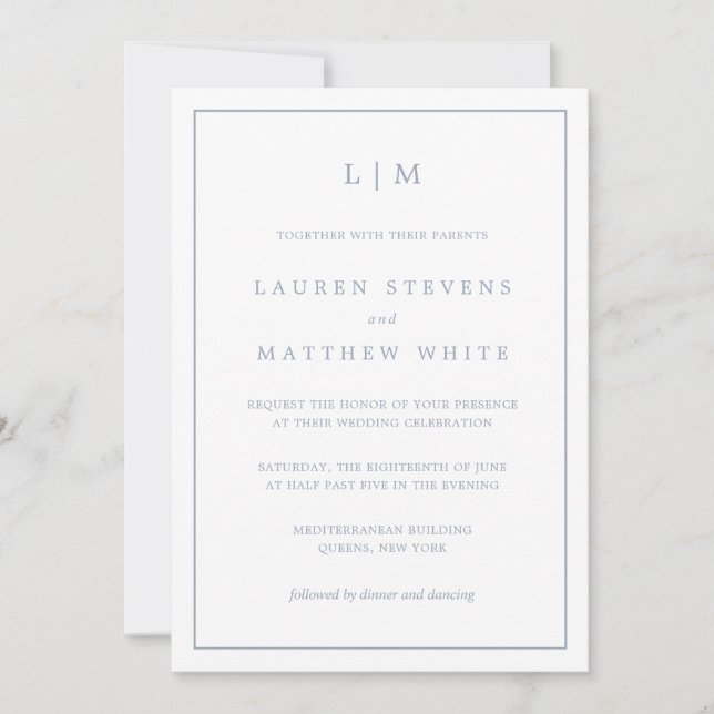 Invitación Lauren Dusty Blue Monograma Elegante Boda (Anverso)