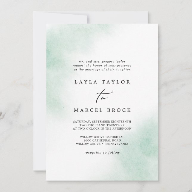 Invitación Lavado de color de agua | Boda tradicional verde (Anverso)