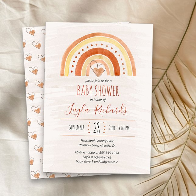 Invitación Lavado de color de agua del corazón del arcoiris B (Neutral Rainbow baby shower  invitation)
