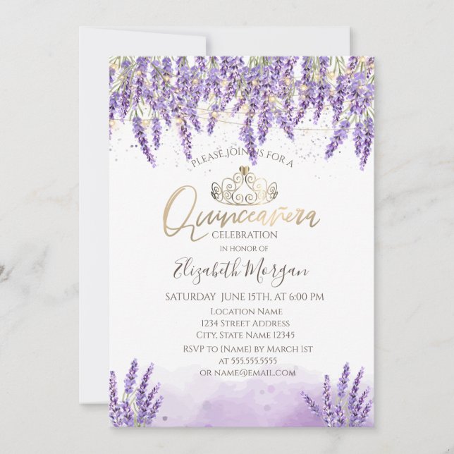 Invitación Lavanda acuarela de moda,Luces de cadena Quinceane (Anverso)