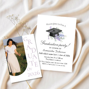 Invitación Lavanda Acuarela Graduación Floral Púrpura
