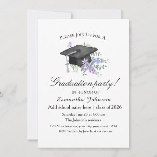 Invitación Lavanda Acuarela Graduación Floral Púrpura