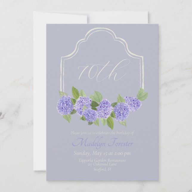 Invitación Lavanda acuarela Hydrangea 70º cumpleaños (Anverso)