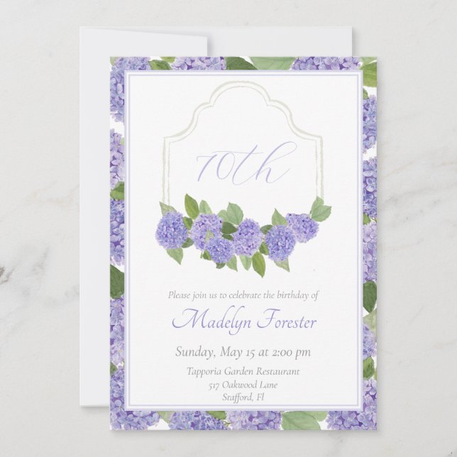 Invitación Lavanda acuarela Hydrangea 70º cumpleaños (Anverso)