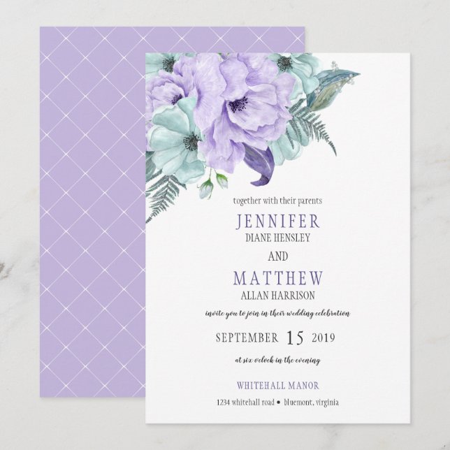 Invitación Lavanda acuarela Mint Purple Peonies Boda (Anverso / Reverso)