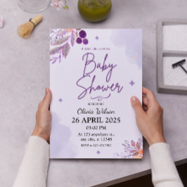 Invitación Lavanda acuarela y Baby Shower morado floral