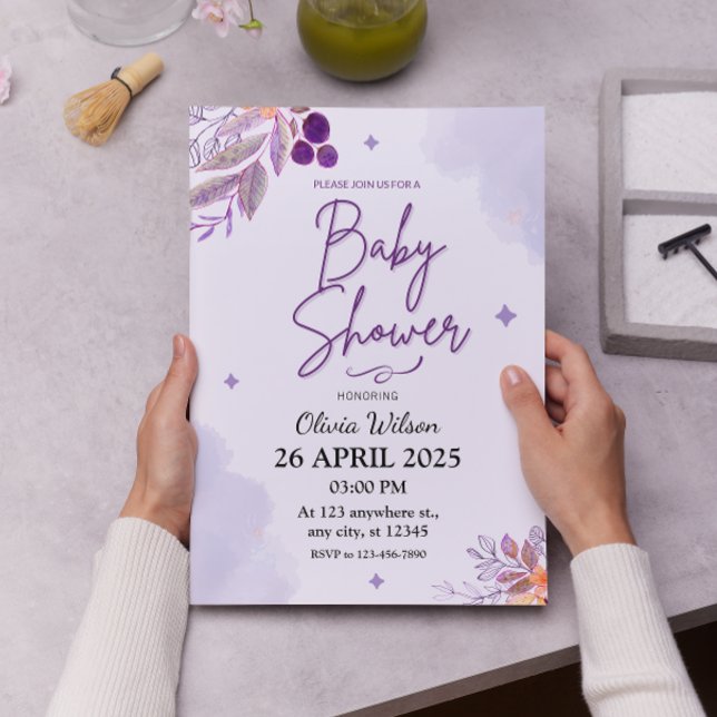 Invitación Lavanda acuarela y Baby Shower morado floral (Subido por el creador)
