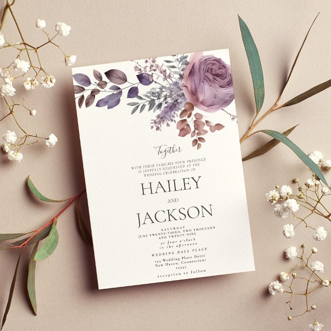 Invitación Lavanda acuática boda floral rosa púrpura (Watercolor lavender purple pink floral wedding invitation)