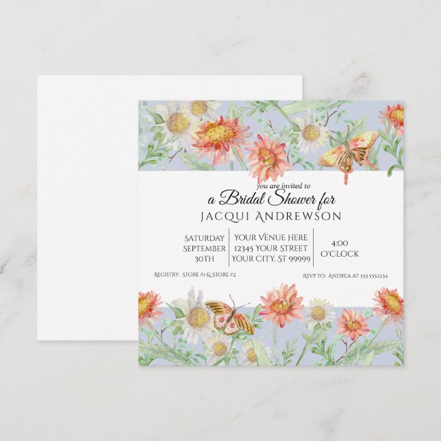 Invitación Lavanda acuática Ducha de novia con flores de marf (Anverso / Reverso)