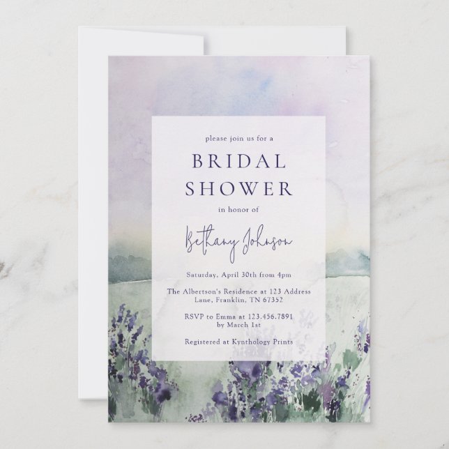 Invitación Lavanda acuática Ducha de novia floral (Anverso)