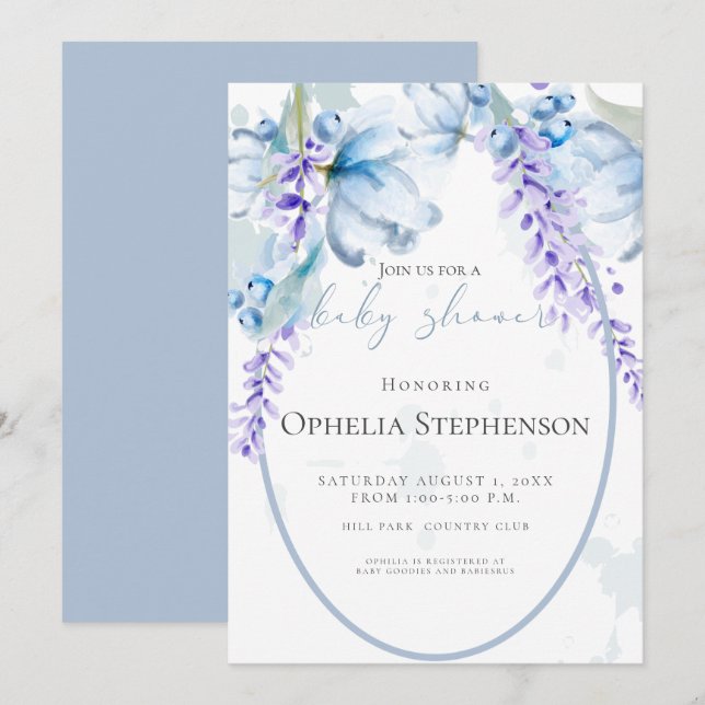 Invitación Lavanda acuática - Dusty Blue Floral Baby Shower (Anverso / Reverso)