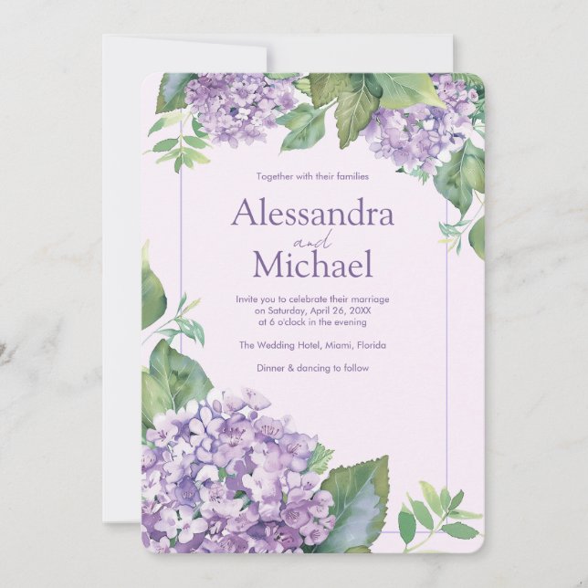 Invitación Lavanda acuática Hydrangea Fern deja Boda (Anverso)
