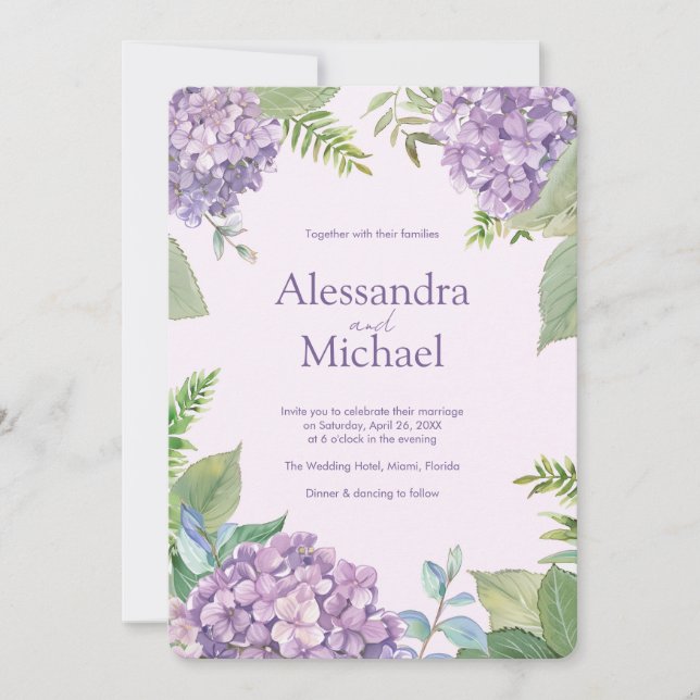 Invitación Lavanda acuática Hydrangea Fern deja Boda (Anverso)
