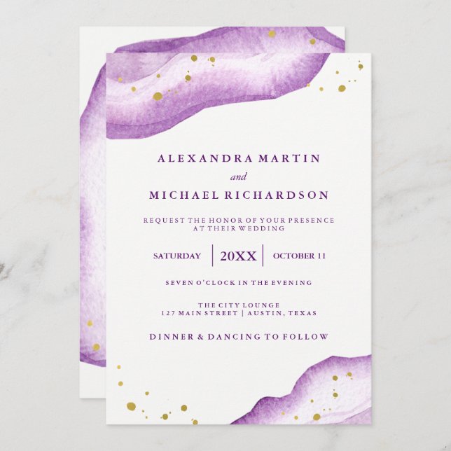 Invitación Lavanda acuática y Boda Geode Oro II (Anverso / Reverso)
