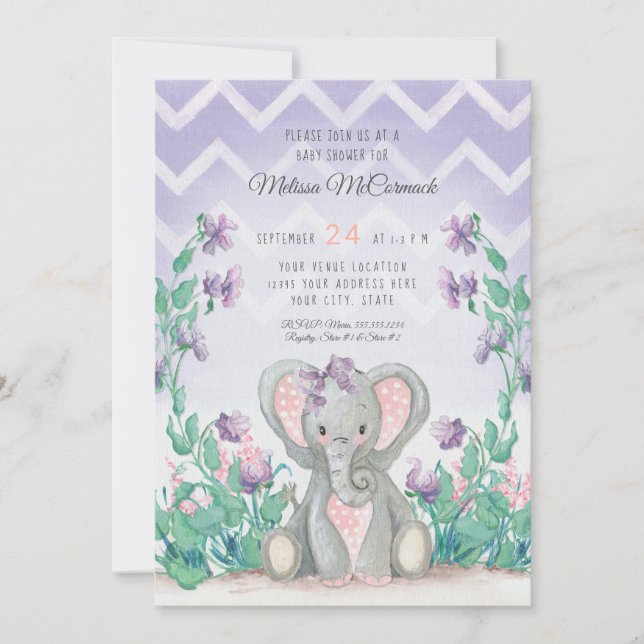 Invitación Lavanda Adorable Elefante Chica Baby Shower Stripe (Anverso)