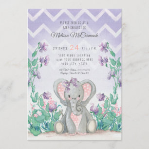 Invitación Lavanda Adorable Elefante Chica Baby Shower Stripe