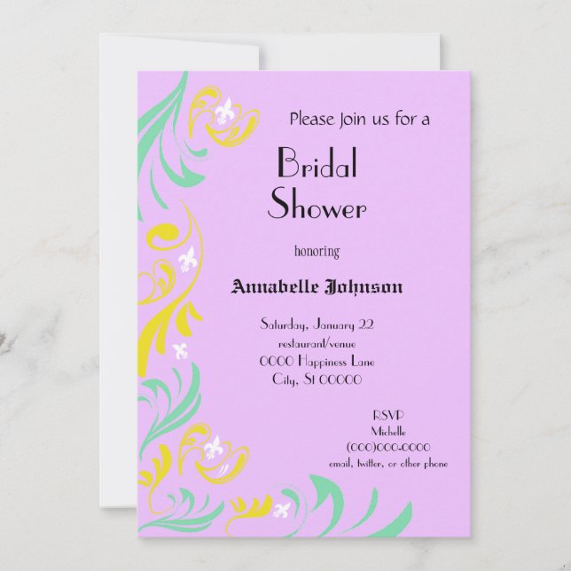 Invitación Lavanda Amarilla Fleur de Lis Vine Brillante (Anverso)